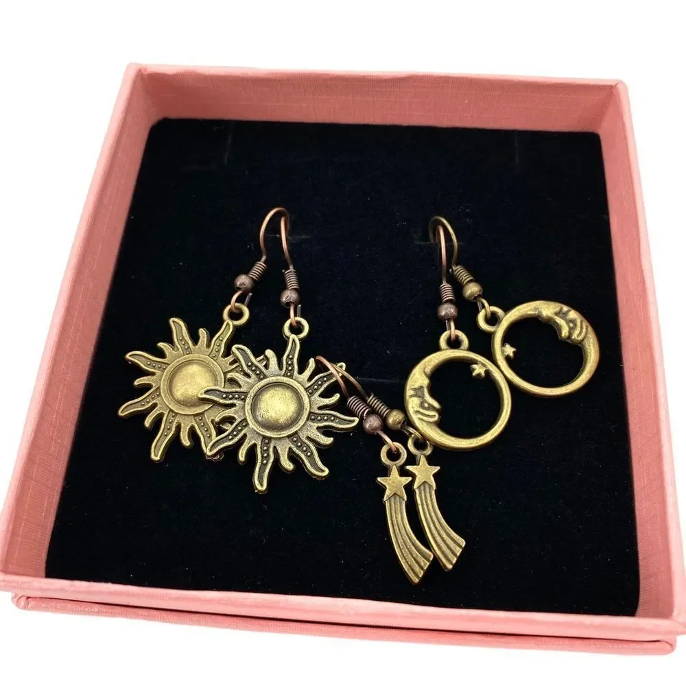 Sun, Moon, and Shooting Stars Bronze Celestial Earrings Lot